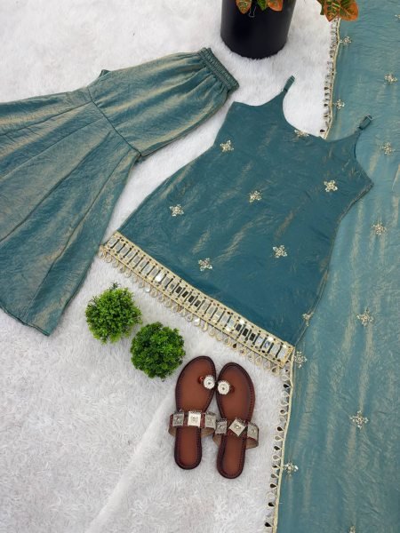 Modish Teal Ready To Wear Fendy Silk Embroidered Mirror Work Top with Sharara Plazzo and Dupatta Ready To Wear Collection