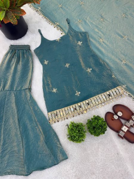 Modish Teal Ready To Wear Fendy Silk Embroidered Mirror Work Top with Sharara Plazzo and Dupatta Ready To Wear Collection