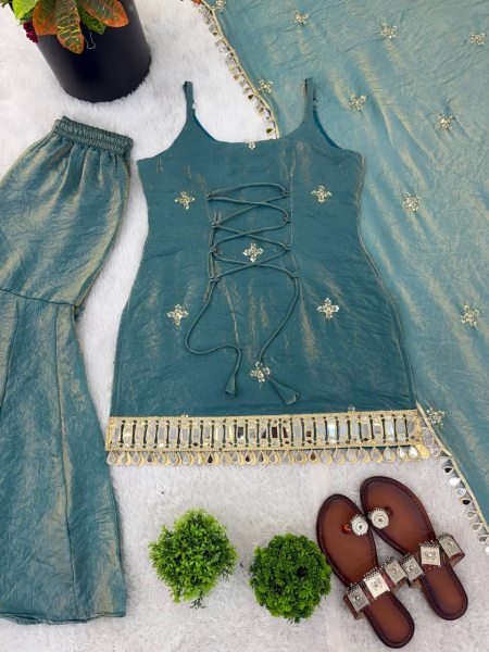 Modish Teal Ready To Wear Fendy Silk Embroidered Mirror Work Top with Sharara Plazzo and Dupatta Ready To Wear Collection