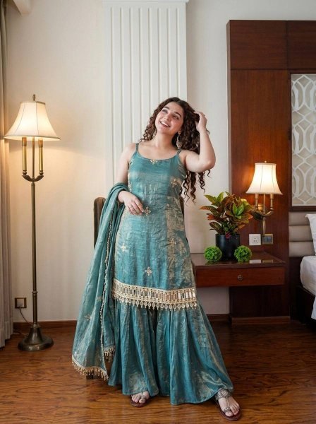 Modish Teal Ready To Wear Fendy Silk Embroidered Mirror Work Top with Sharara Plazzo and Dupatta Ready To Wear Collection