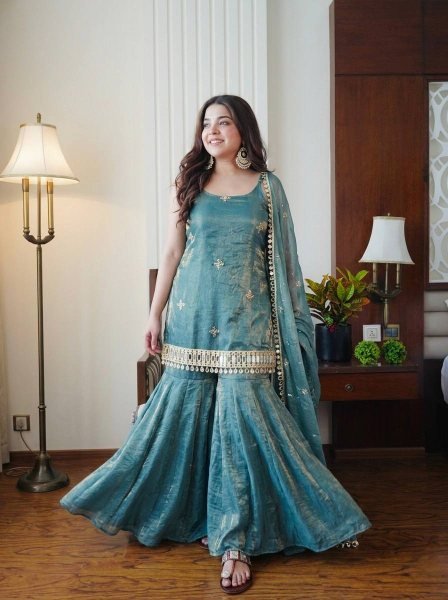 Modish Teal Ready To Wear Fendy Silk Embroidered Mirror Work Top with Sharara Plazzo and Dupatta Ready To Wear Collection