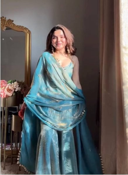 Modish Teal Ready To Wear Fendy Silk Embroidered Mirror Work Top with Sharara Plazzo and Dupatta Ready To Wear Collection