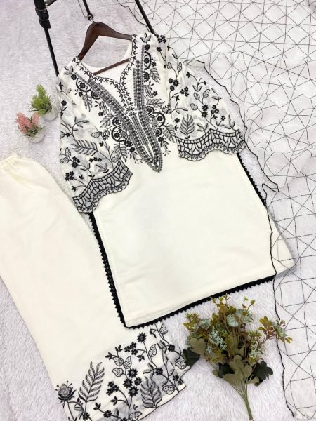Modish White Mal Cotton Palazzo Suit with Sequence Embroidery for Festive Wear Ready To Wear Collection