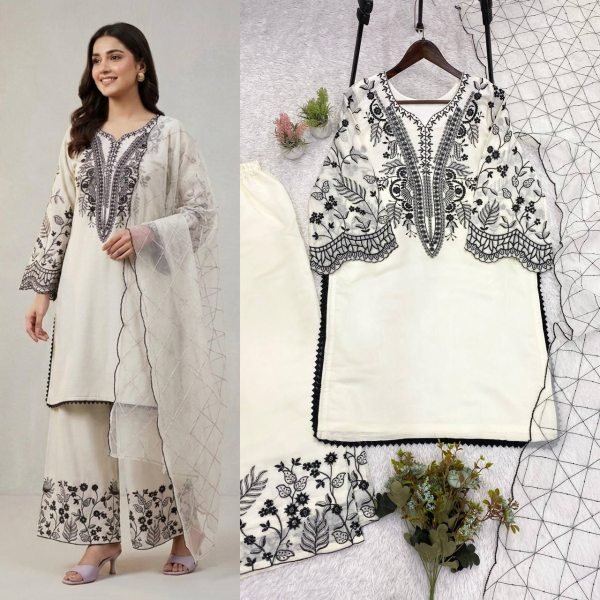 Modish White Mal Cotton Palazzo Suit with Sequence Embroidery for Festive Wear Ready To Wear Collection