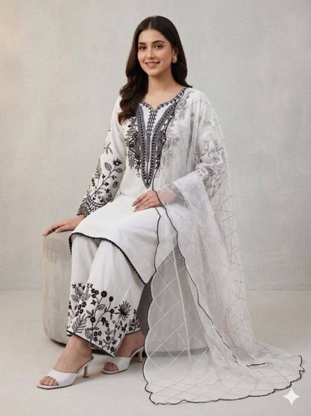 Modish White Mal Cotton Palazzo Suit with Sequence Embroidery for Festive Wear Ready To Wear Collection