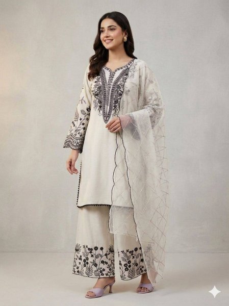 Modish White Mal Cotton Palazzo Suit with Sequence Embroidery for Festive Wear Ready To Wear Collection