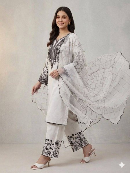 Modish White Mal Cotton Palazzo Suit with Sequence Embroidery for Festive Wear Ready To Wear Collection