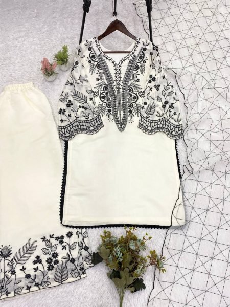 Modish White Mal Cotton Palazzo Suit with Sequence Embroidery for Festive Wear Ready To Wear Collection