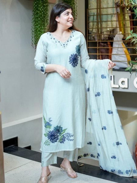 Modish White Pure Lilan Suit Set with Hand Work Neck and Printed Dupatta 