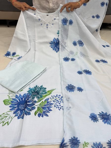 Modish White Pure Lilan Suit Set with Hand Work Neck and Printed Dupatta Cotton Kurtis Wholesale