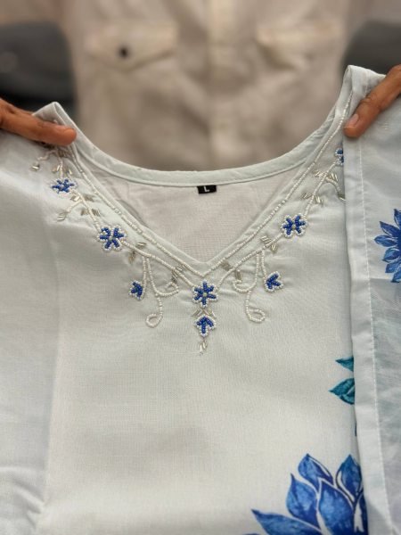 Modish White Pure Lilan Suit Set with Hand Work Neck and Printed Dupatta Cotton Kurtis Wholesale