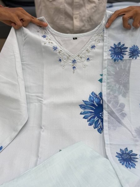 Modish White Pure Lilan Suit Set with Hand Work Neck and Printed Dupatta Cotton Kurtis Wholesale