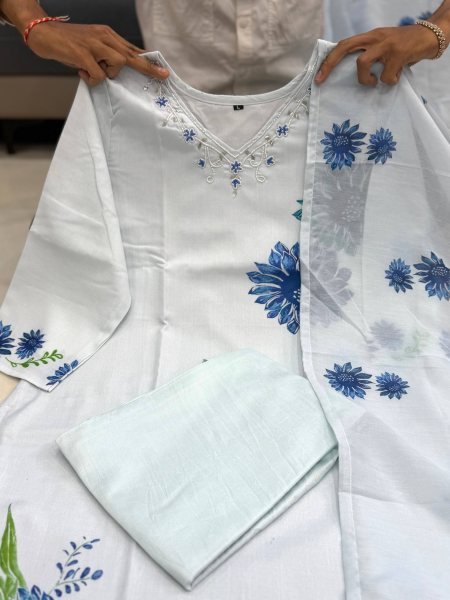 Modish White Pure Lilan Suit Set with Hand Work Neck and Printed Dupatta Cotton Kurtis Wholesale