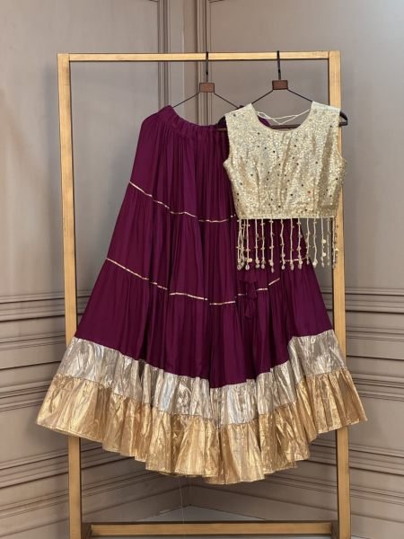 Modish Wine Purple Garba Wear Rayon Lehenga Choli with Real Mirror Work at Lowest Price 
