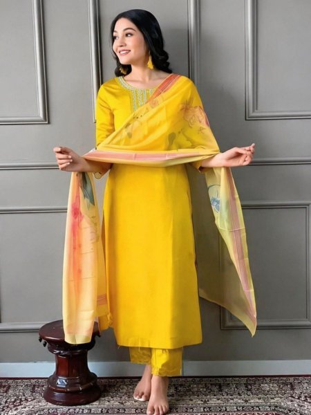 Modish Yellow Designer Embroidered Kurti Pant Dupatta Set for Women at Wholesale Rate Kurtis