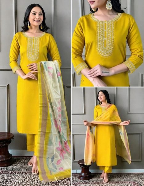 Modish Yellow Designer Embroidered Kurti Pant Dupatta Set for Women at Wholesale Rate Embroidery Kurtis 
