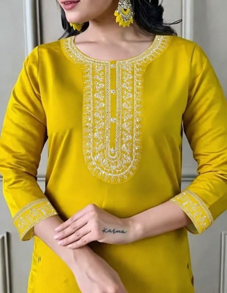 Modish Yellow Designer Embroidered Kurti Pant Dupatta Set for Women at Wholesale Rate Embroidery Kurtis 