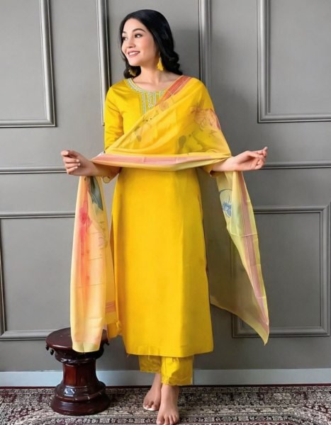 Modish Yellow Designer Embroidered Kurti Pant Dupatta Set for Women at Wholesale Rate Embroidery Kurtis 