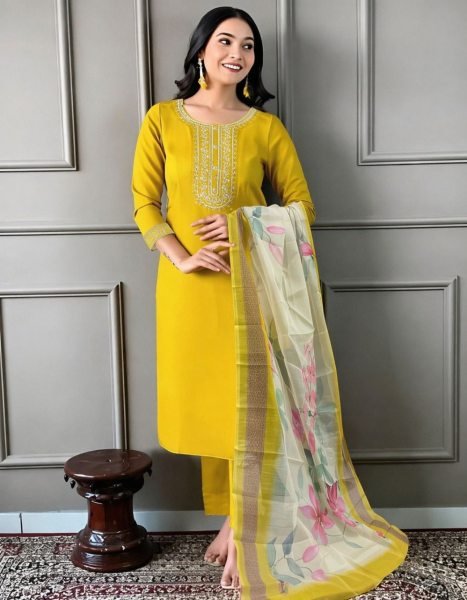 Modish Yellow Designer Embroidered Kurti Pant Dupatta Set for Women at Wholesale Rate Embroidery Kurtis 