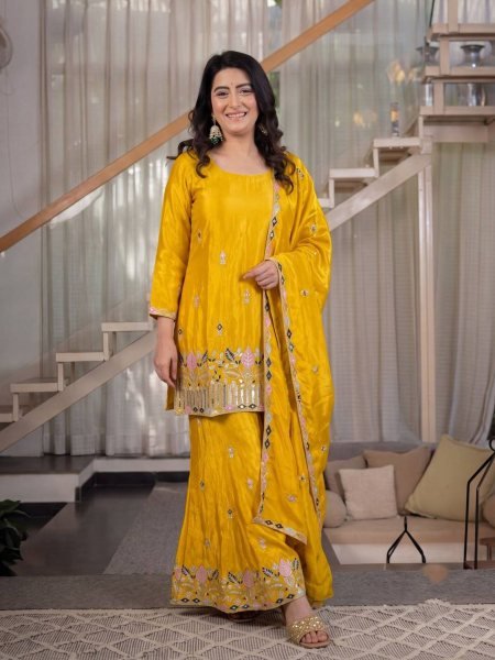 Modish Yellow Satin Kurti Palazzo Set With Embroidered Neck At Factory Direct Price 