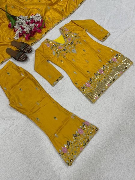 Modish Yellow Satin Kurti Palazzo Set With Embroidered Neck At Factory Direct Price Ready To Wear Collection