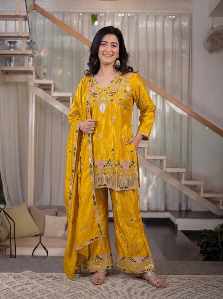 Modish Yellow Satin Kurti Palazzo Set With Embroidered Neck At Factory Direct Price Ready To Wear Collection
