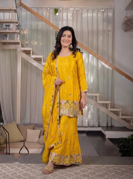 Modish Yellow Satin Kurti Palazzo Set With Embroidered Neck At Factory Direct Price Ready To Wear Collection