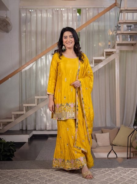 Modish Yellow Satin Kurti Palazzo Set With Embroidered Neck At Factory Direct Price Ready To Wear Collection