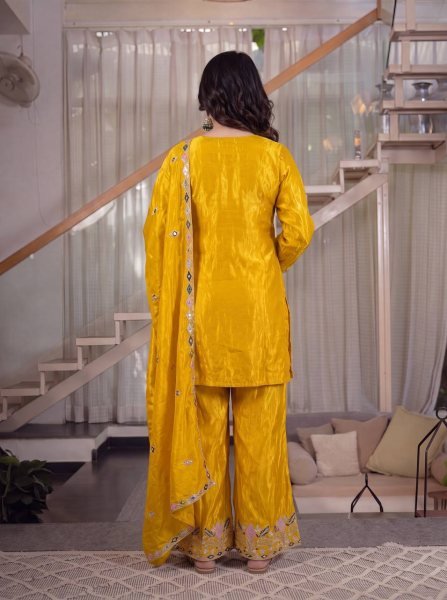 Modish Yellow Satin Kurti Palazzo Set With Embroidered Neck At Factory Direct Price Ready To Wear Collection