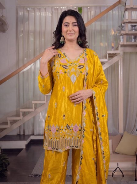 Modish Yellow Satin Kurti Palazzo Set With Embroidered Neck At Factory Direct Price Ready To Wear Collection
