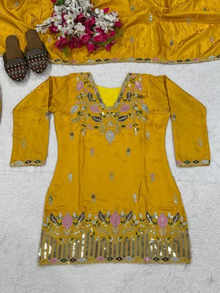 Modish Yellow Satin Kurti Palazzo Set With Embroidered Neck At Factory Direct Price Ready To Wear Collection