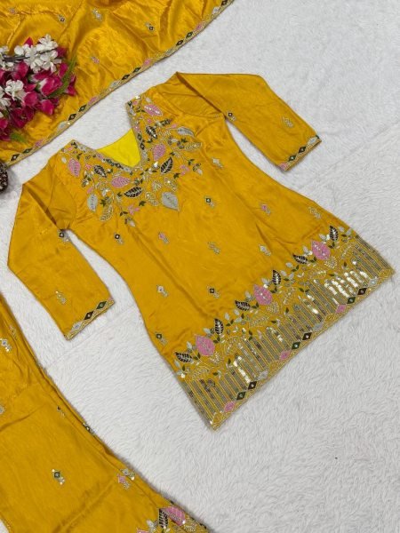 Modish Yellow Satin Kurti Palazzo Set With Embroidered Neck At Factory Direct Price Ready To Wear Collection