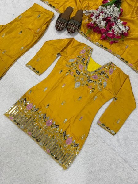 Modish Yellow Satin Kurti Palazzo Set With Embroidered Neck At Factory Direct Price Ready To Wear Collection