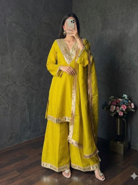 Modish Yellow Sharara Suit Heavy Mirror Work On The Kurta Neckline With Dupatta 3 Piece Kurti Set