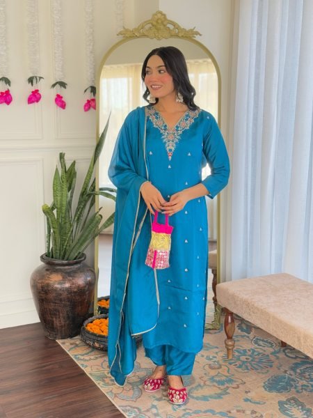 MOLLY Viscose Vichitra Silk Embroidered Kurta Set New Collection for Festive Occasions 3 Piece Kurti Set