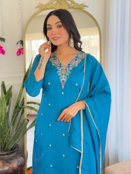 MOLLY Viscose Vichitra Silk Embroidered Kurta Set New Collection for Festive Occasions 3 Piece Kurti Set