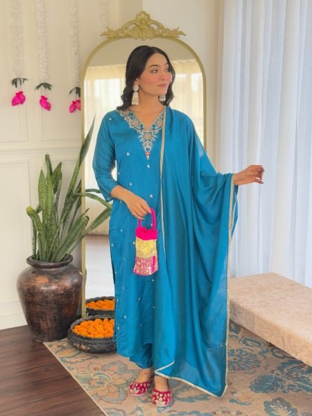 MOLLY Viscose Vichitra Silk Embroidered Kurta Set New Collection for Festive Occasions 3 Piece Kurti Set