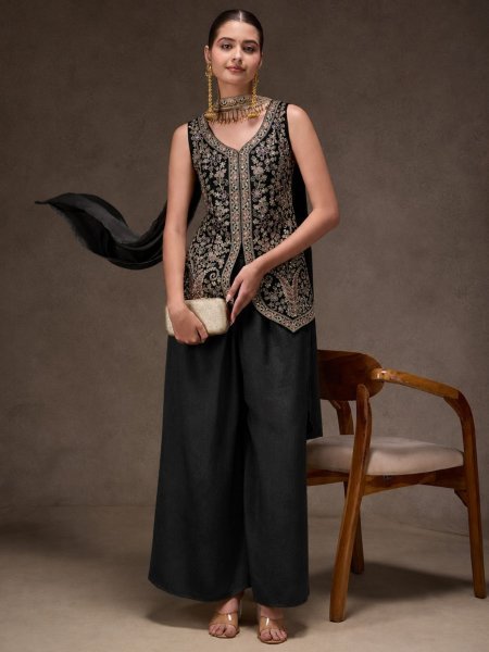 Moonlit Black Pure Viscose Chinon With Rich Sequence Cording Embroidery Work Top With Bottom And Silk Dupatta Ready To Wear Suit