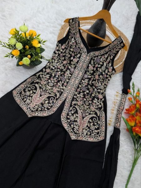 Moonlit Black Pure Viscose Chinon With Rich Sequence Cording Embroidery Work Top With Bottom And Silk Dupatta Ready To Wear Collection