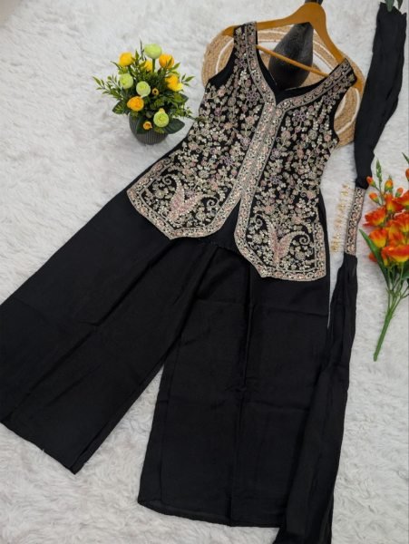 Moonlit Black Pure Viscose Chinon With Rich Sequence Cording Embroidery Work Top With Bottom And Silk Dupatta Ready To Wear Collection