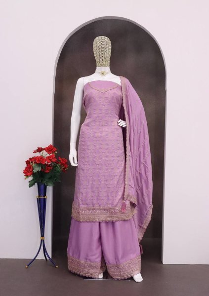  Moonlit Lavender Silk Suit Embroidered Palazzo Set for Elegant Evenings Designer Plazzo Salwar Suits Wholesale