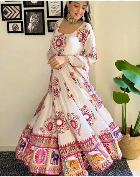 Moss Satin Anarkali Gown with Hand Mirror Embroidery Garba Night Special Launch Navratri Collection