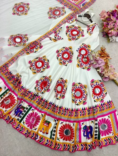 Moss Satin Anarkali Gown with Hand Mirror Embroidery Garba Night Special Launch Navratri Collection
