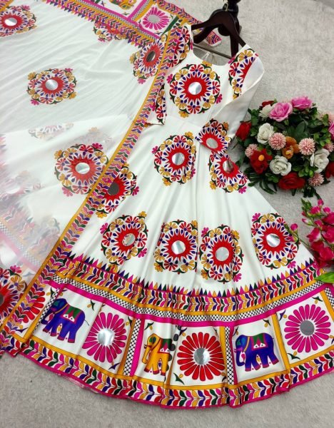 Moss Satin Anarkali Gown with Hand Mirror Embroidery Garba Night Special Launch Navratri Collection