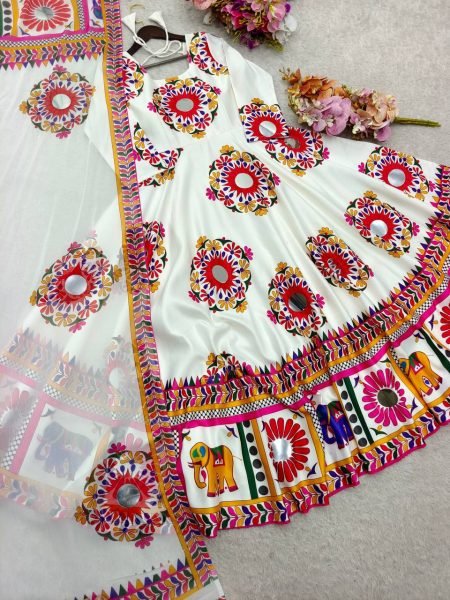 Moss Satin Anarkali Gown with Hand Mirror Embroidery Garba Night Special Launch Navratri Collection