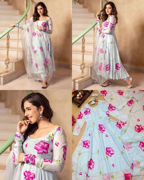 Most Attractive Flower Georgette Gown With organza Dupptta Kurti With Dupatta Wholesale