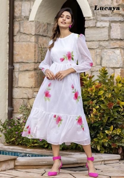 Mother Daughter White Kota Checks Digital Print Full Round Flair Kurti Mom-Doughter Collection