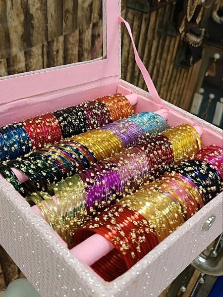 Moti Heart Jelly Glass Stone Bangles Set with 20 Color Combo Storage Box 