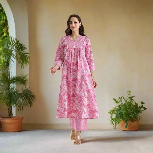 Moti Rayon Slub Kurti Set with Lace Work and Printed Bottom For Women Anarkali Kurtis 
