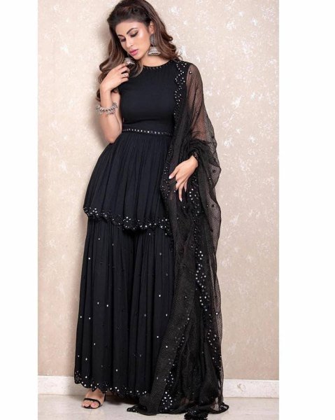Mouni Roy Georgette Designer Black Sharara Suit Ready To Wear Collection